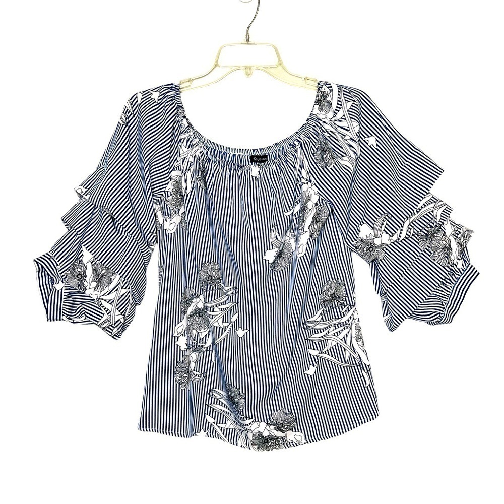 Style House Ruffle Striped Floral Puff Sleeve Blouse